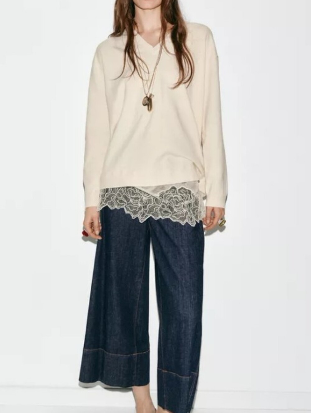Zara Long Lace Combination Wool Blend Knit Jumper Top Sz-L